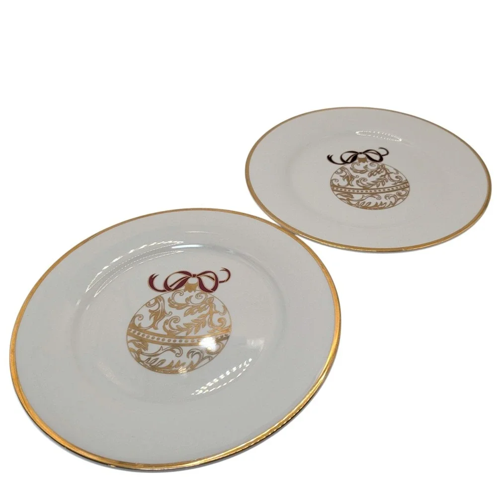 Pier One Christmas Dessert Plates Ornament Bow Gold Trim Vintage Set of Two